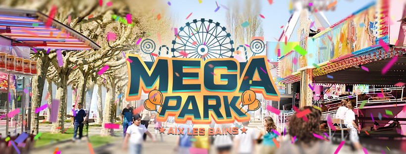 photo avec un parc d'attraction en fond et écrit méga park au premier plan. 